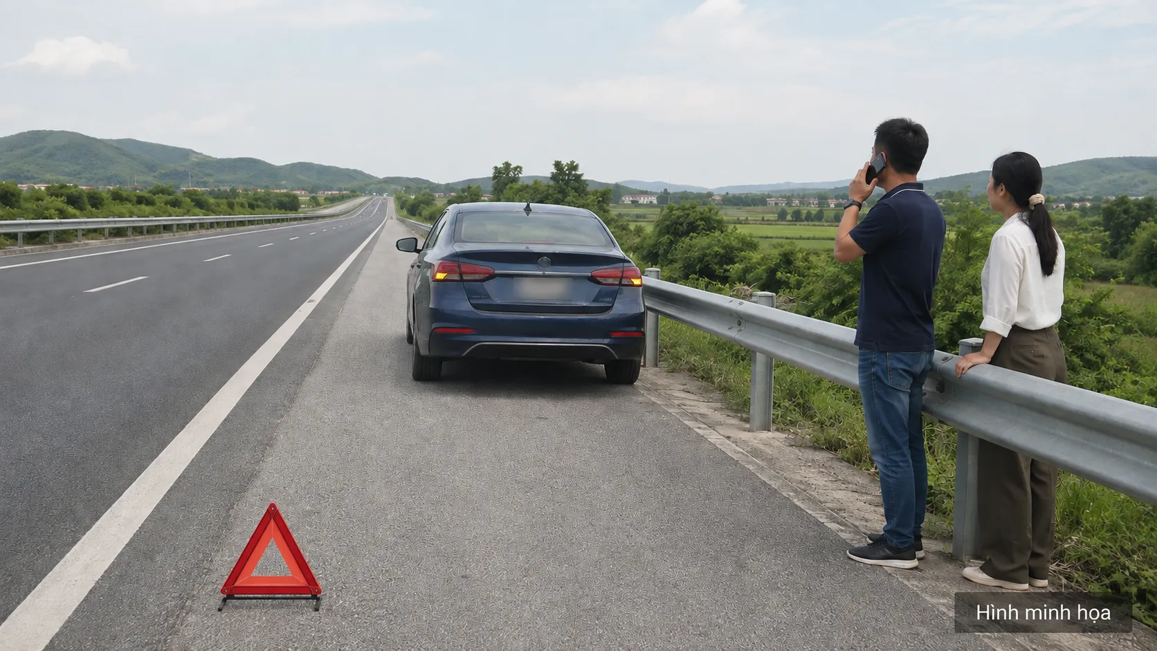 Ô tô dừng ở làn khẩn cấp và người trên xe đứng sau hộ lan