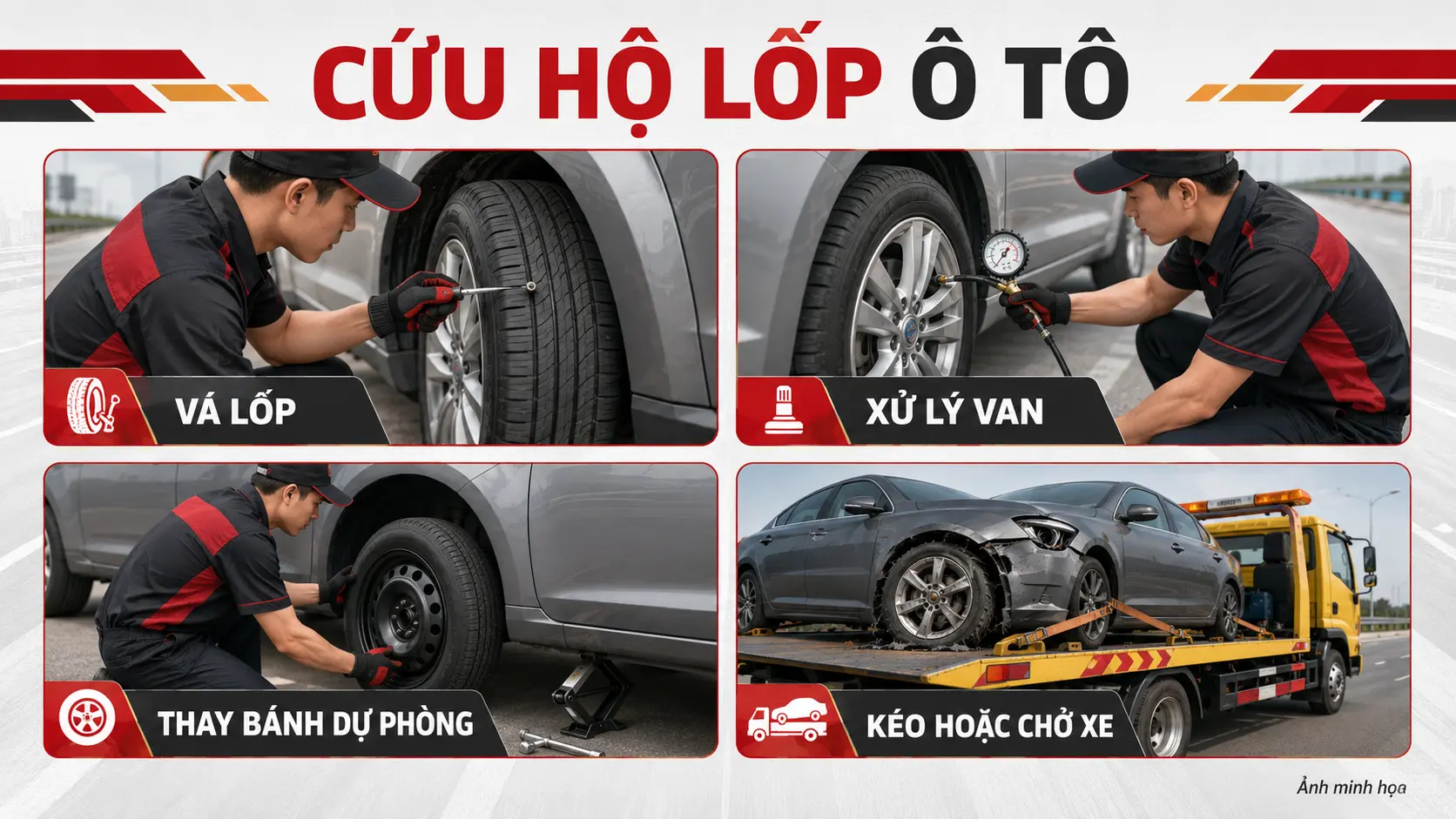 Các dịch vụ cứu hộ lốp ô tô lưu động gồm vá lốp, xử lý van, thay bánh và kéo xe