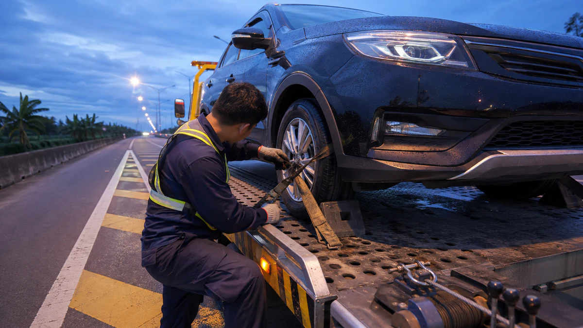 Kéo chở ô tô trên cao tốc Tiền Giang