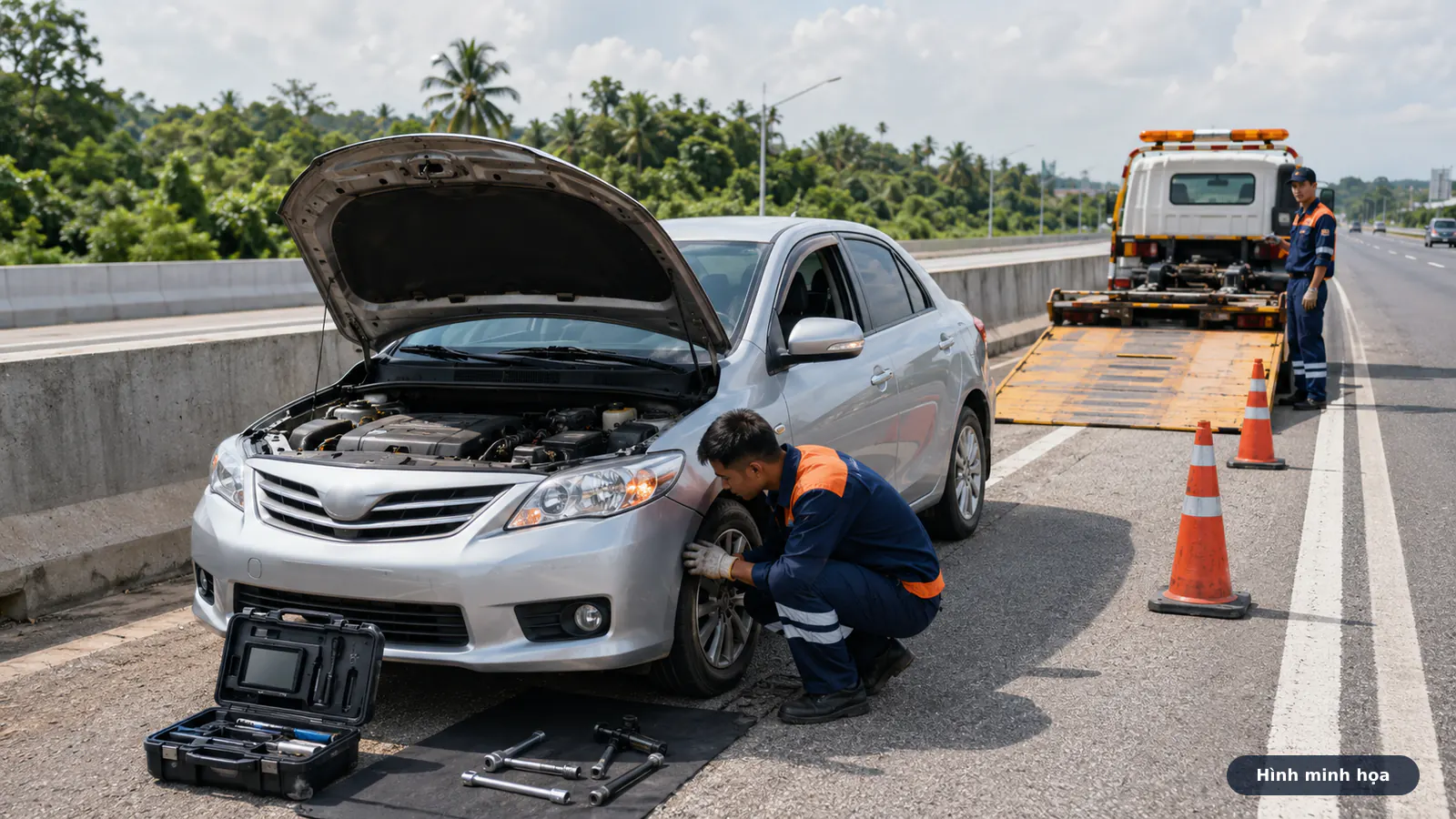 Kỹ thuật viên kiểm tra xe hỏng trên cao tốc Dầu Giây