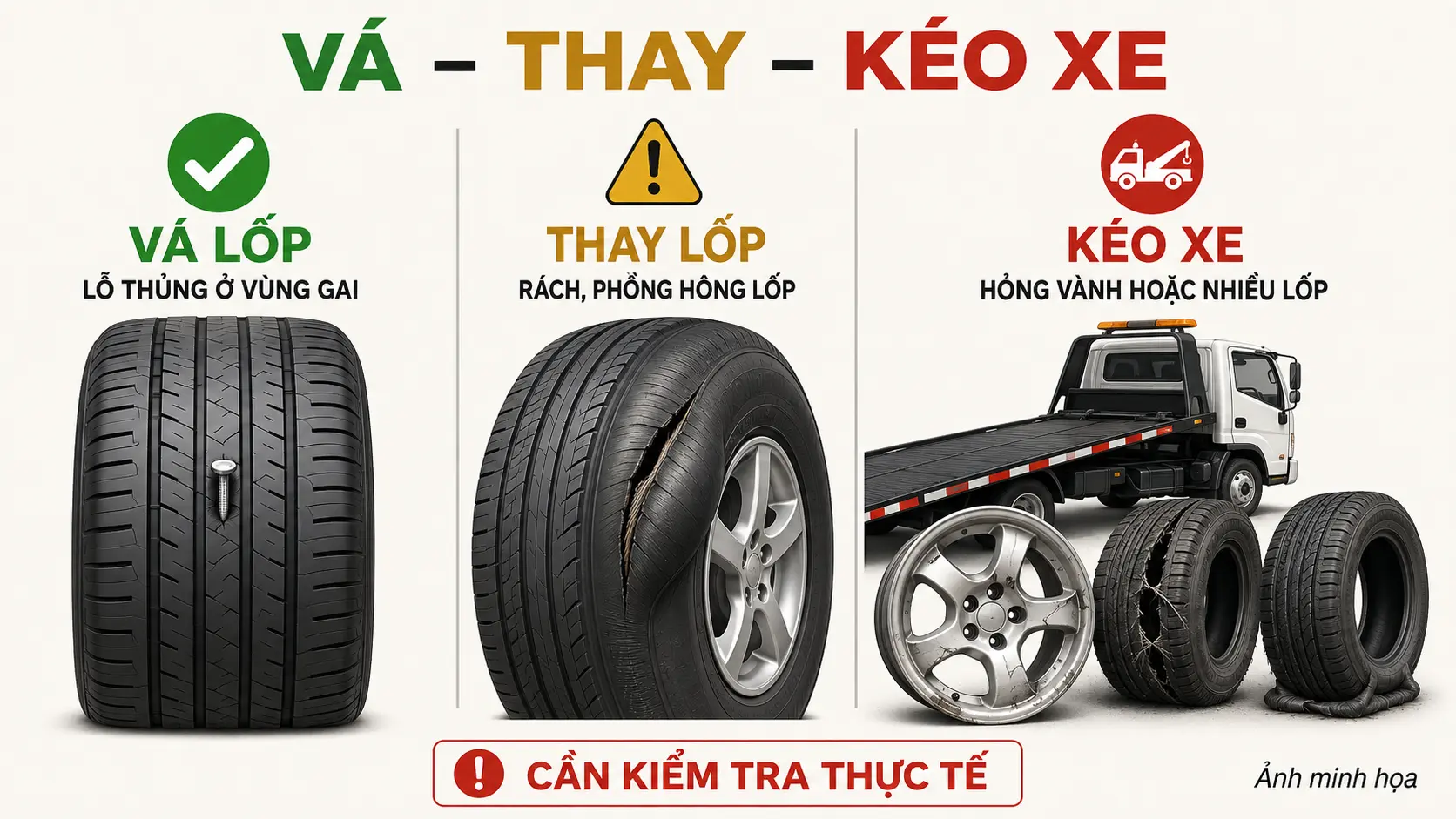 Phân biệt trường hợp nên vá lốp, thay lốp hoặc kéo xe