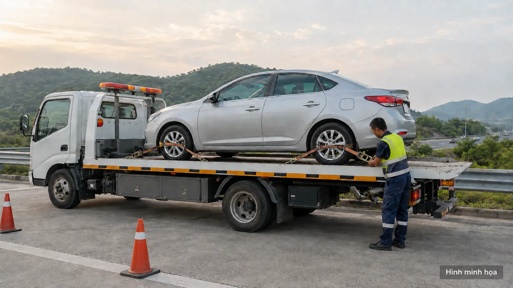 Ô tô được cố định trên xe cứu hộ sàn