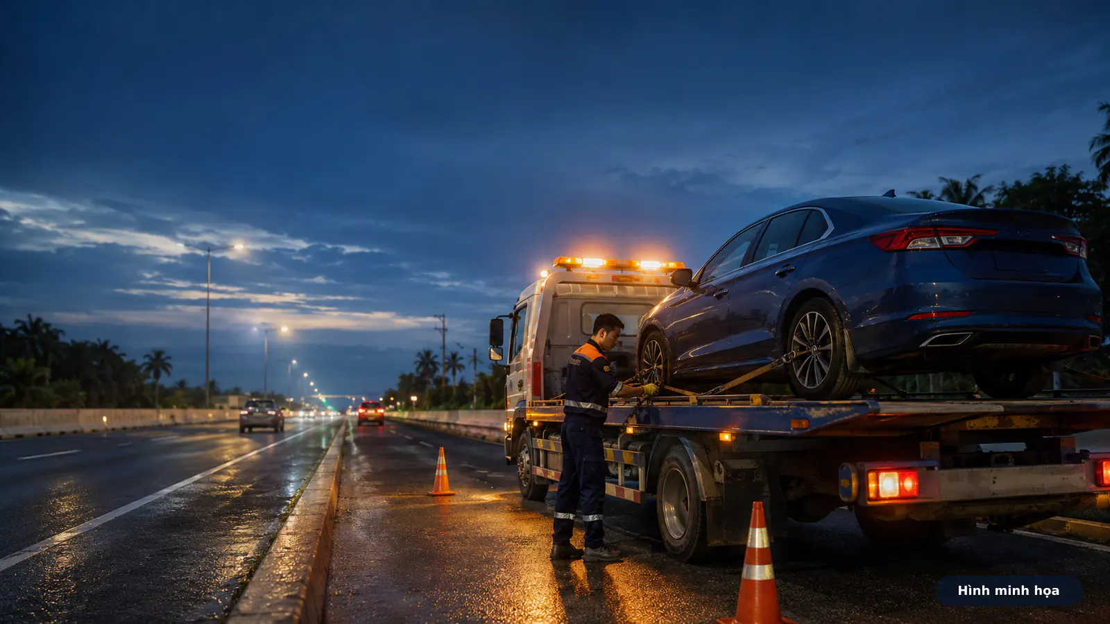 Xe cẩu kéo ô tô trên cao tốc Dầu Giây vào buổi tối
