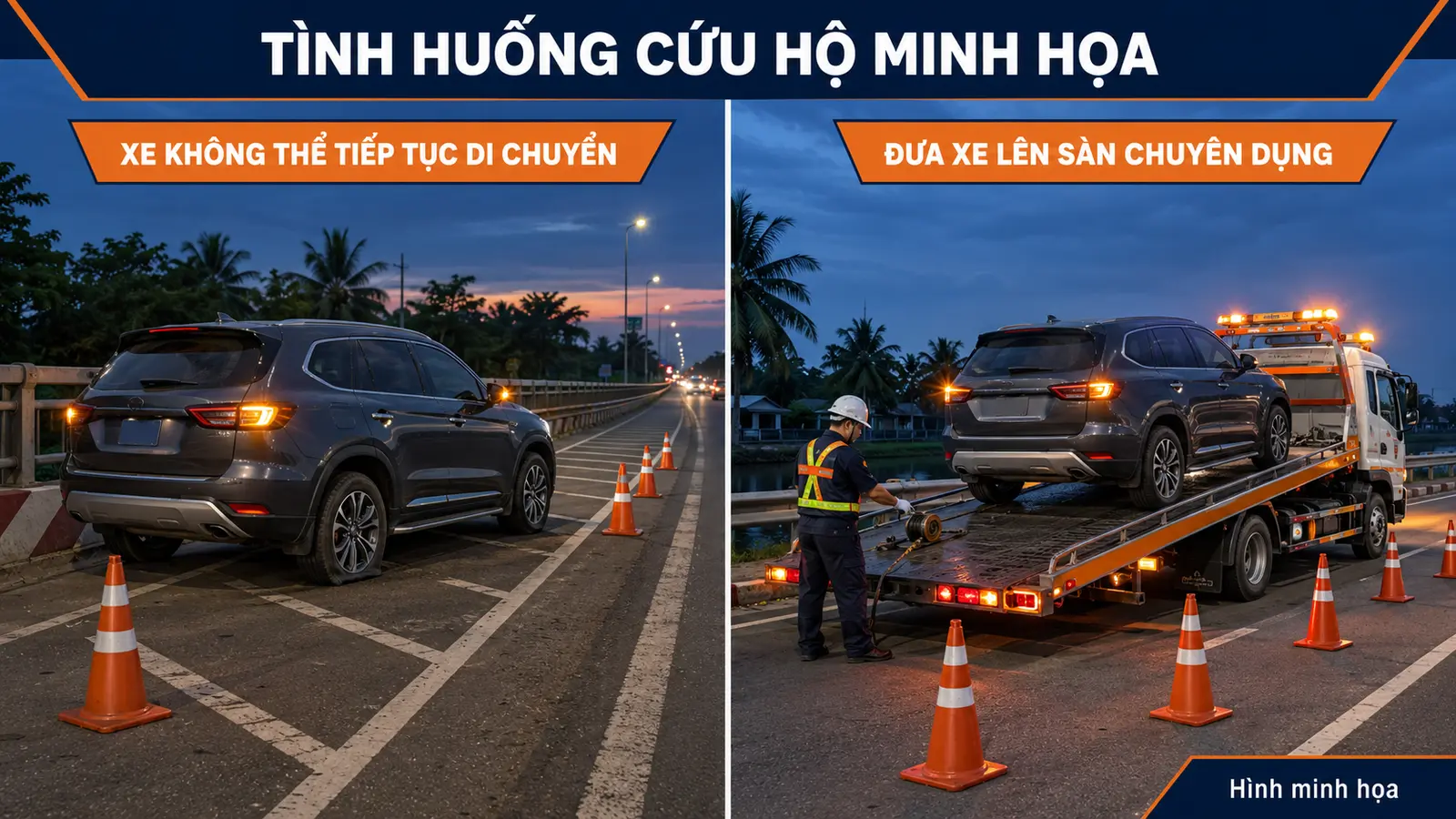 Tình huống đưa xe hỏng lên xe sàn cứu hộ cao tốc
