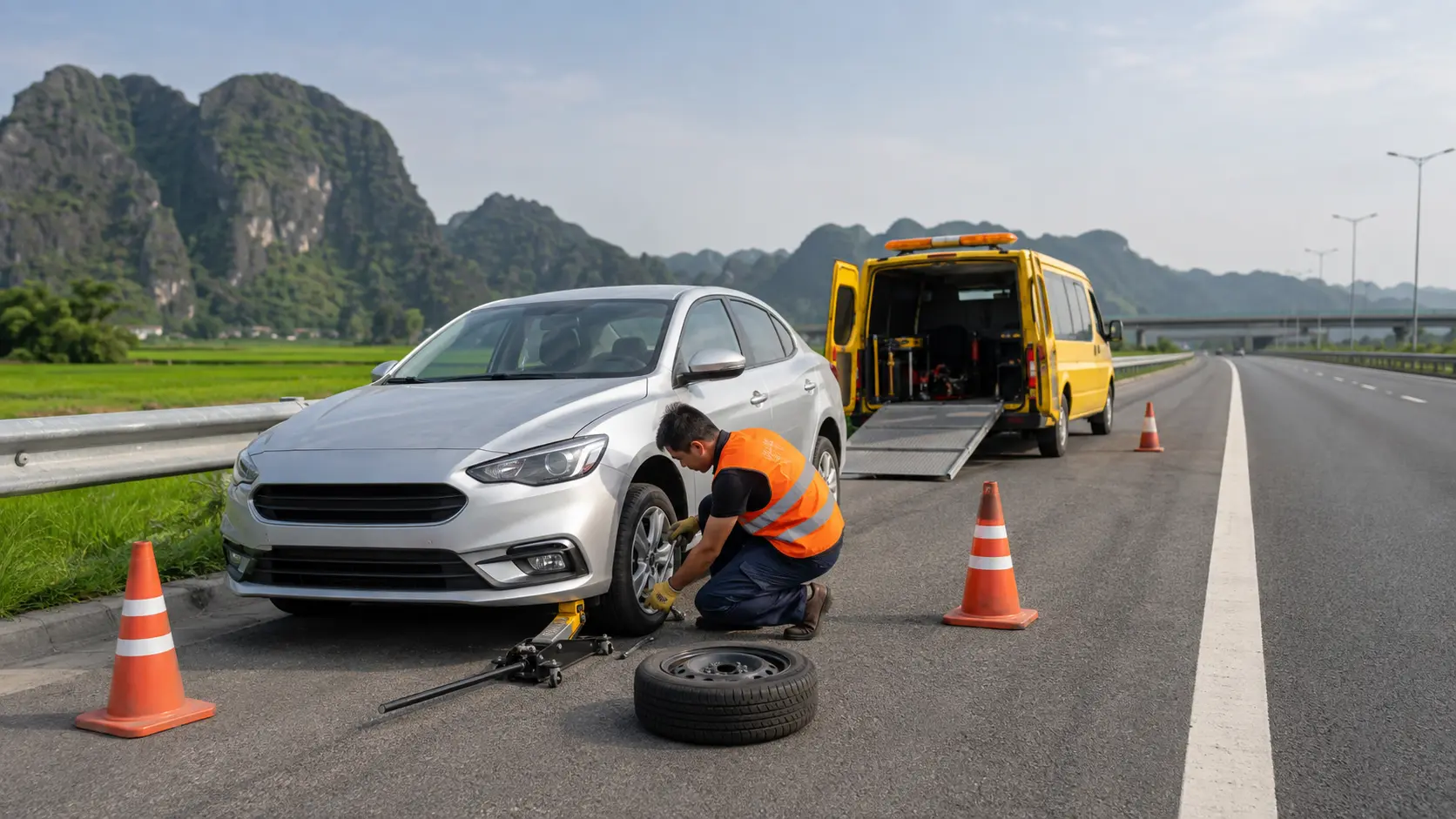 Xe sàn chở ô tô gặp sự cố trên cao tốc Ninh Bình ban đêm