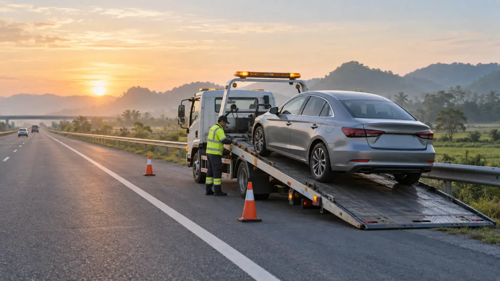 Xe cứu hộ ô tô chở xe gặp sự cố trên đường cao tốc