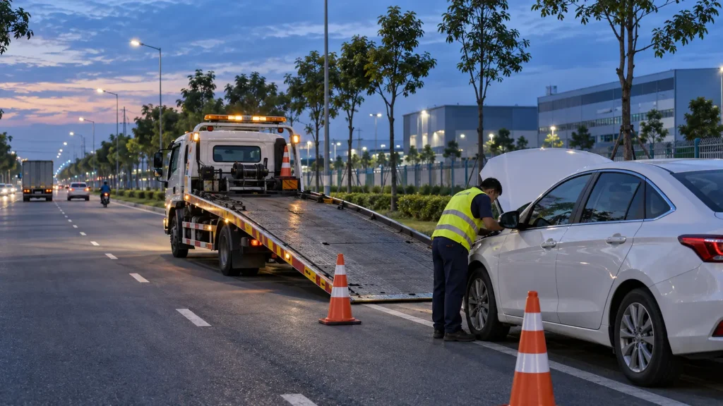 Xe cứu hộ ô tô Bình Dương hỗ trợ xe trên đường khu công nghiệp