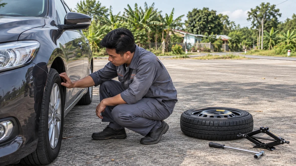 Kiểm tra bánh xe tại điểm dừng an toàn ở Củ Chi