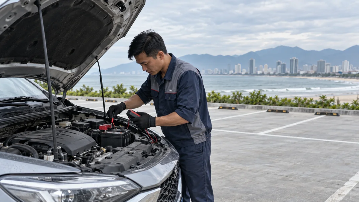 Kỹ thuật viên kiểm tra bình điện của ô tô tại bãi đỗ Đà Nẵng
