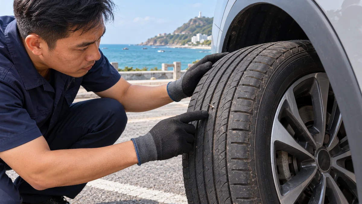 Kiểm tra vết thủng ở phần mặt gai lốp ô tô tại Vũng Tàu