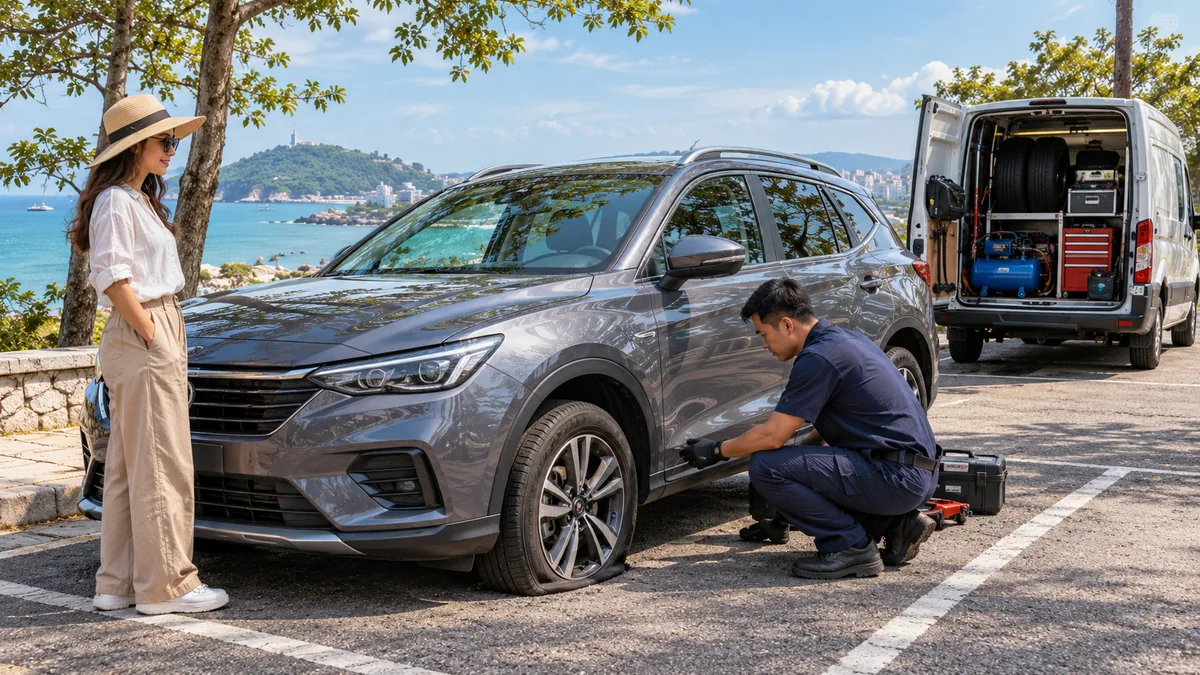 Kiểm tra lốp xe ô tô tại bãi đỗ ven biển khu vực Vũng Tàu
