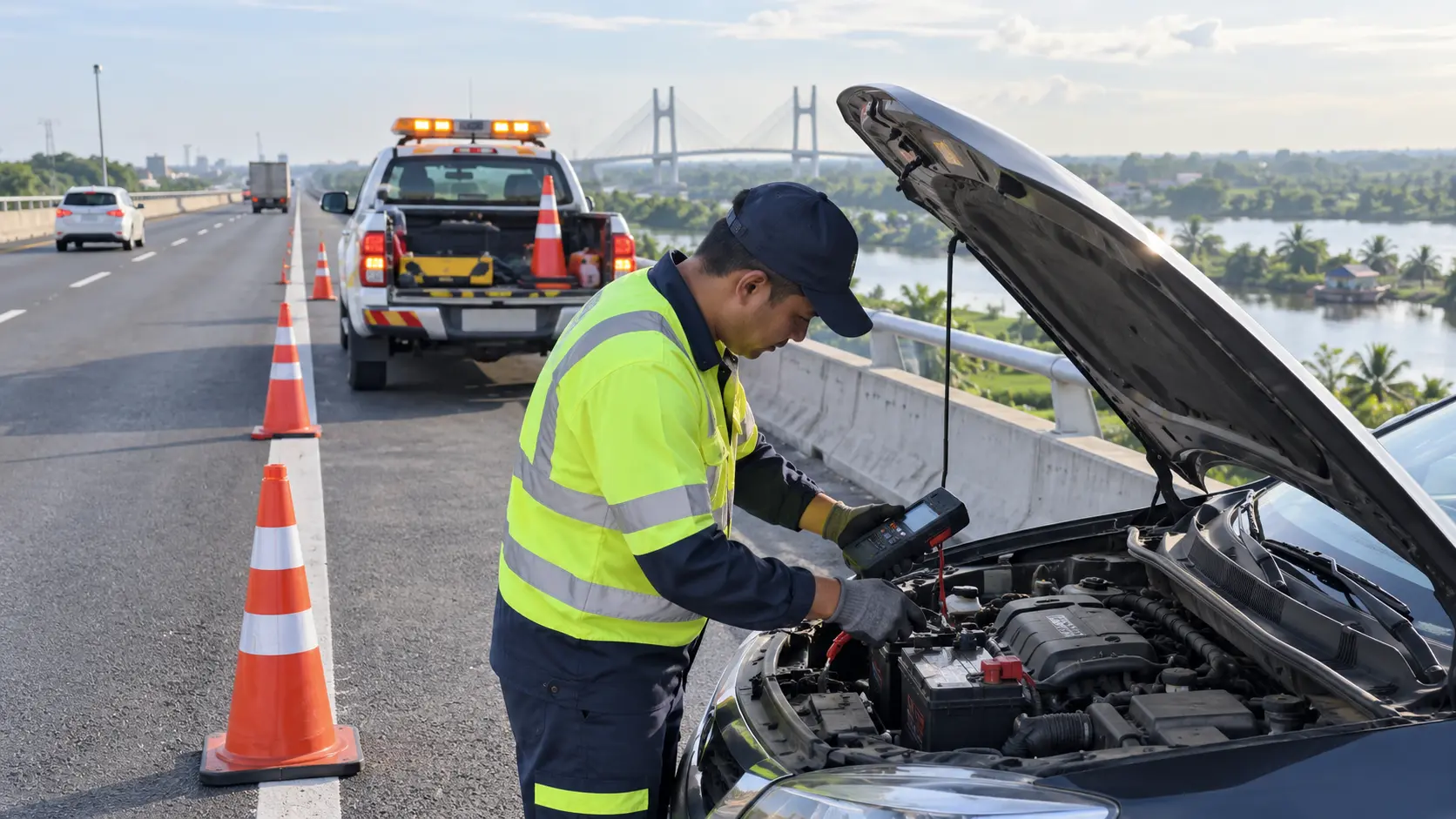 Kỹ thuật viên kiểm tra ắc quy trên cao tốc Mỹ Thuận Cần Thơ