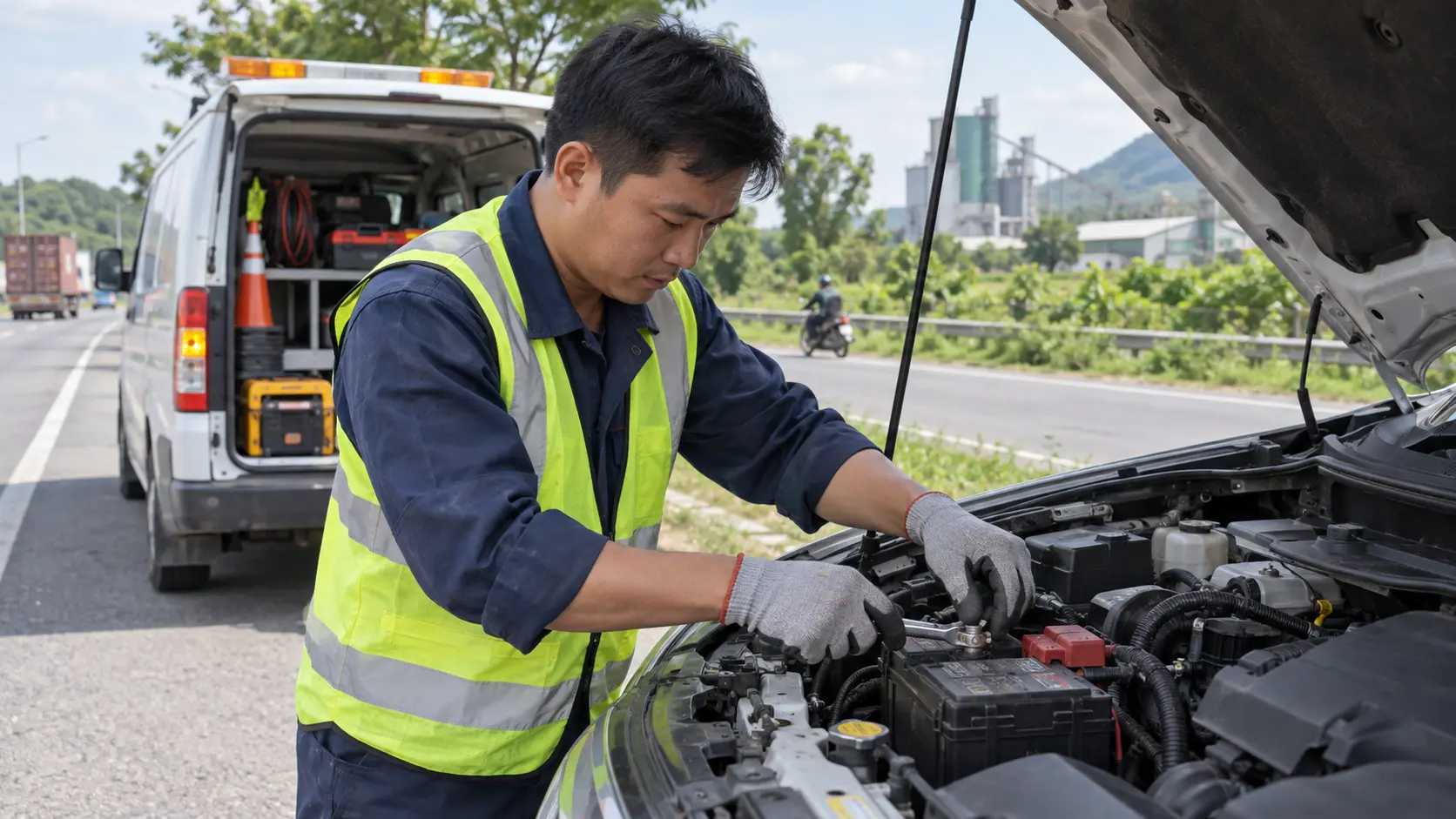Kỹ thuật viên kiểm tra ắc quy ô tô lưu động tại Đồng Nai