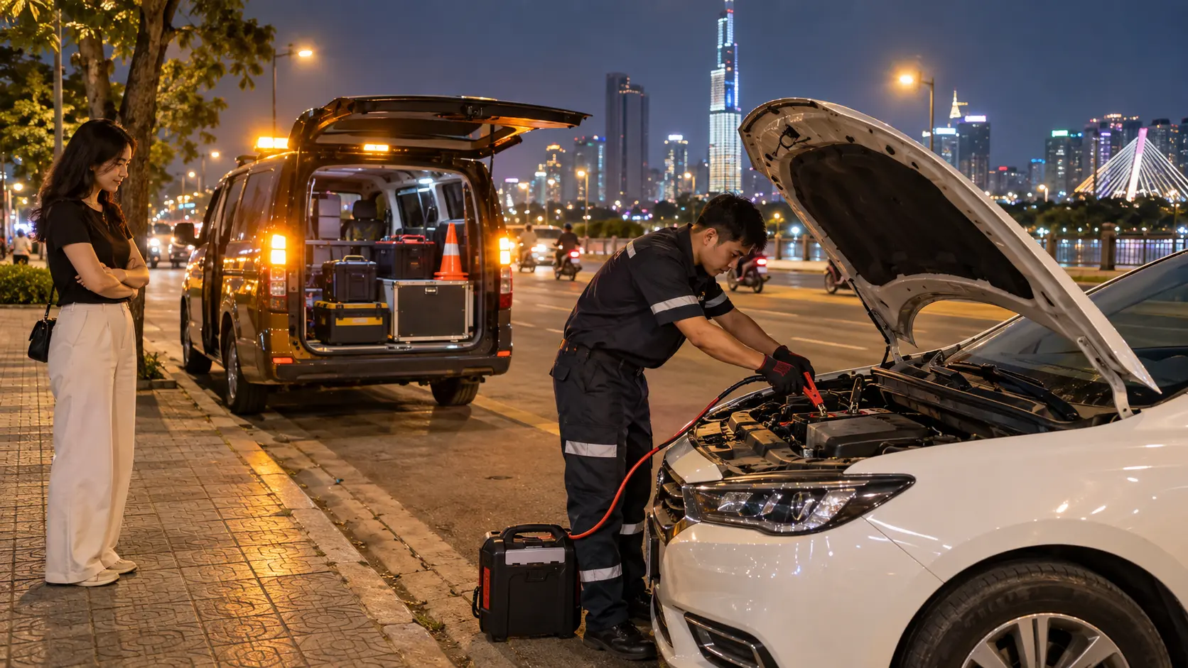 Kỹ thuật viên kích bình ô tô lưu động tại TPHCM
