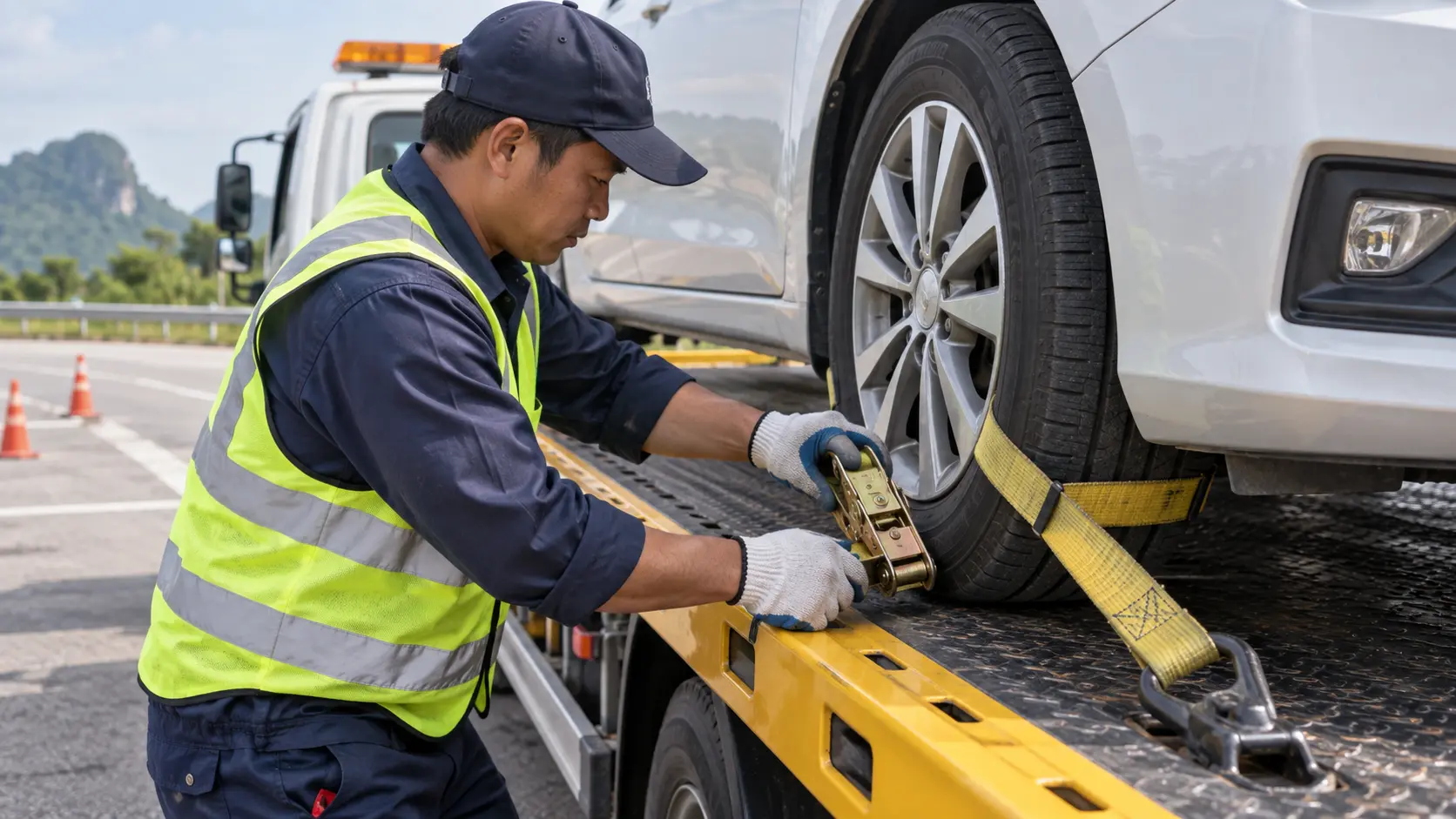 Kỹ thuật viên cố định bánh xe trên xe sàn cứu hộ