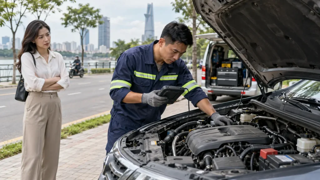 Thợ sửa ô tô lưu động kiểm tra xe bằng máy chẩn đoán