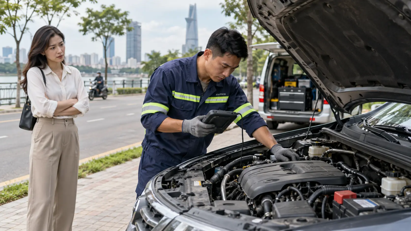 Thợ sửa ô tô lưu động kiểm tra xe bằng máy chẩn đoán
