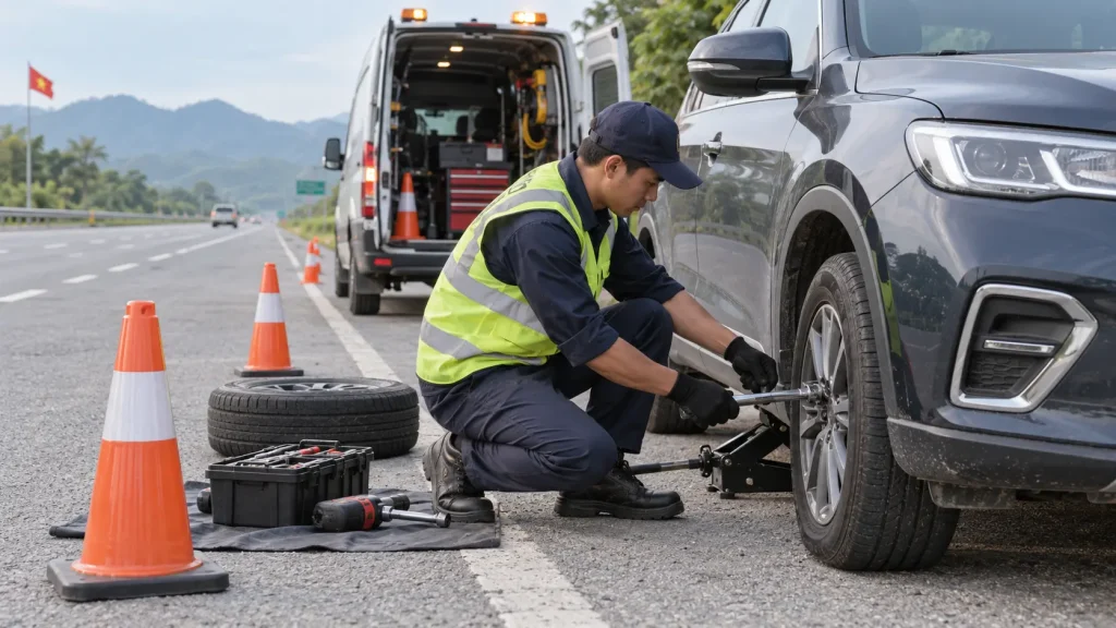 Thợ vá vỏ lưu động thay bánh ô tô bên đường