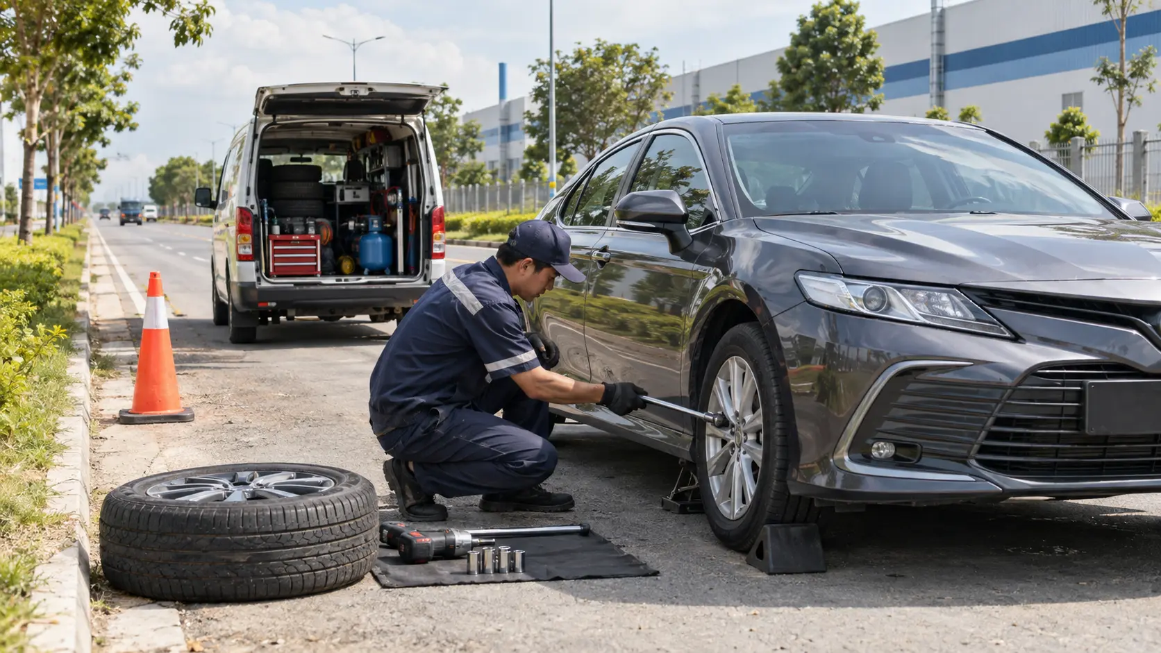 Kỹ thuật viên vá vỏ lưu động Bình Dương tại vị trí an toàn
